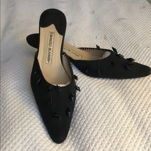 Manolo Bkahnik black kitten heel with jewel detail